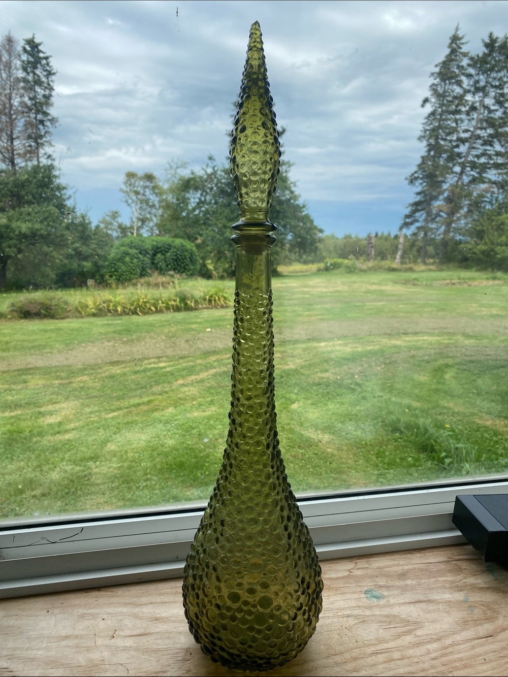 Empoli Style Genie Bottle Green Hobnail Glass Decanter 22”